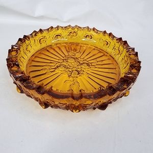Vintage MCM Amber Glass Dish 7" Round Ashtray Cabbage Rose Pattern
